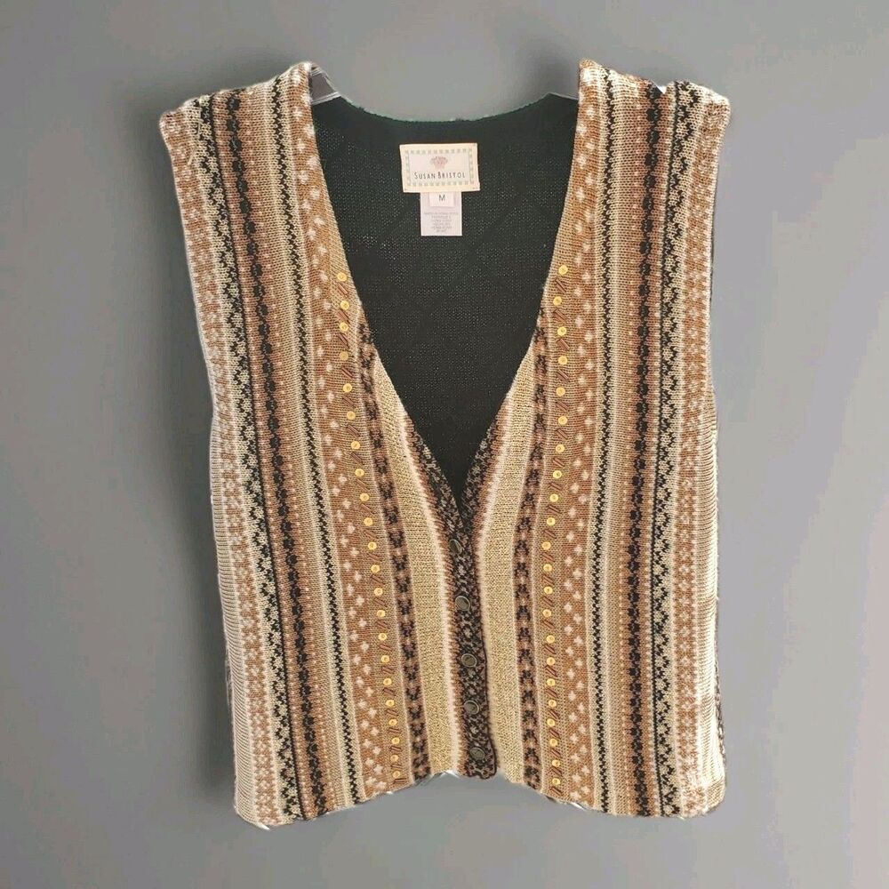Vtg Susan Bristol Sweater Vest Medium Beaded Black Gold Button Up '97 Wool Blend